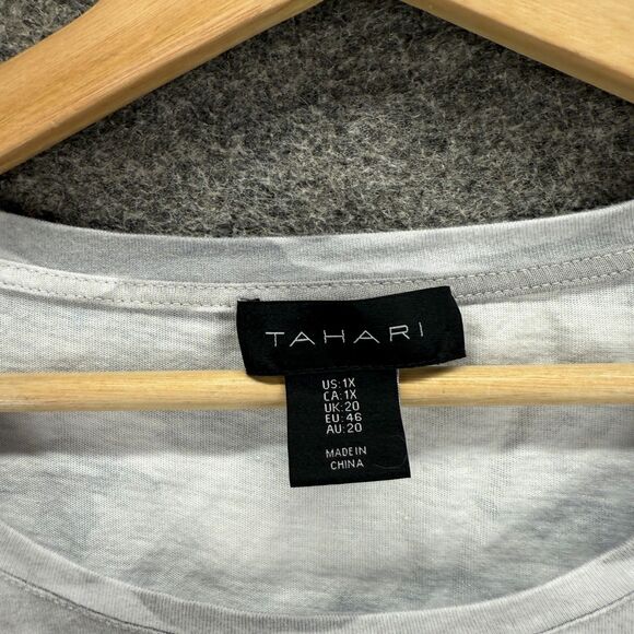 Tahari T-Shirt Women 1X Plus Gray Camouflage Short Sleeve Pockets Cotton Casual - Picture 3 of 7